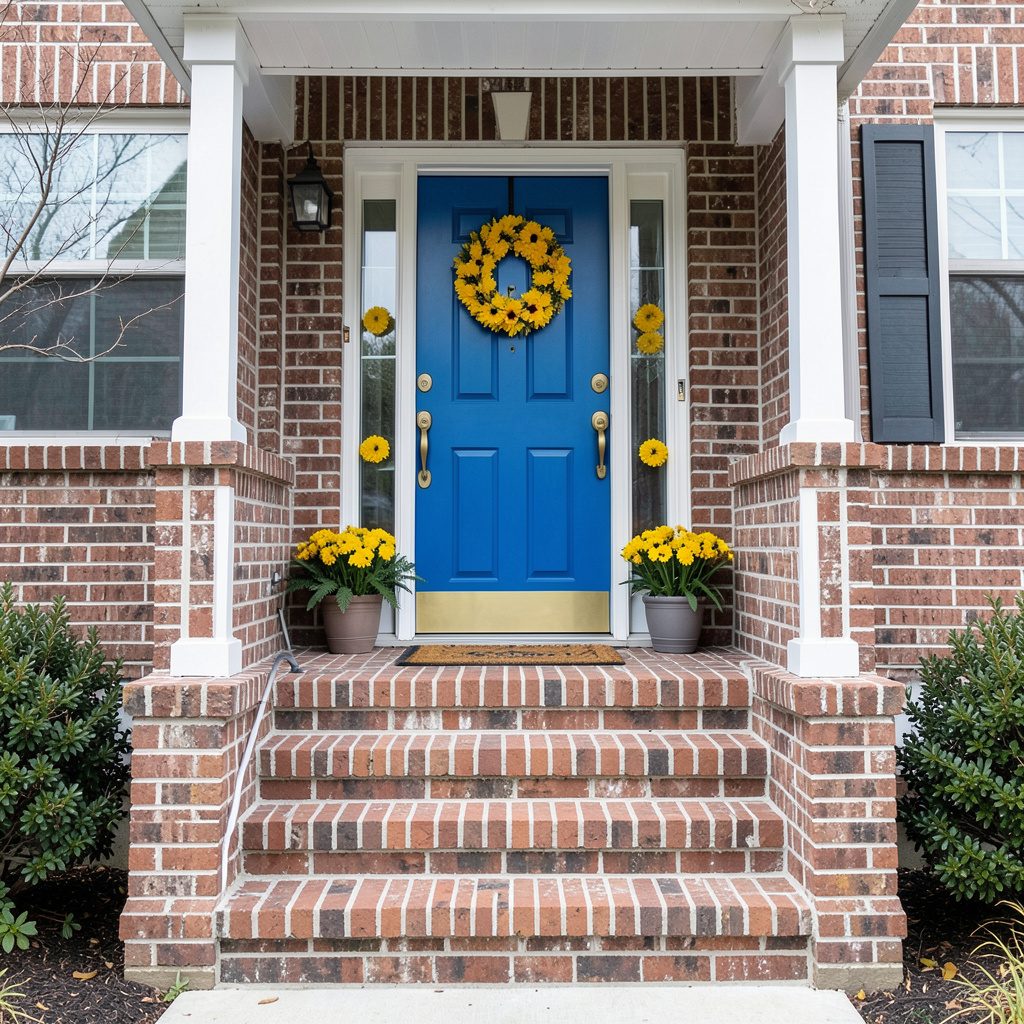 A charming brick front porch with wide staircase steps, warm red brick tones, and a welcoming wooden front door framed by white trim, set against a soft green lawn under natural daylight.
